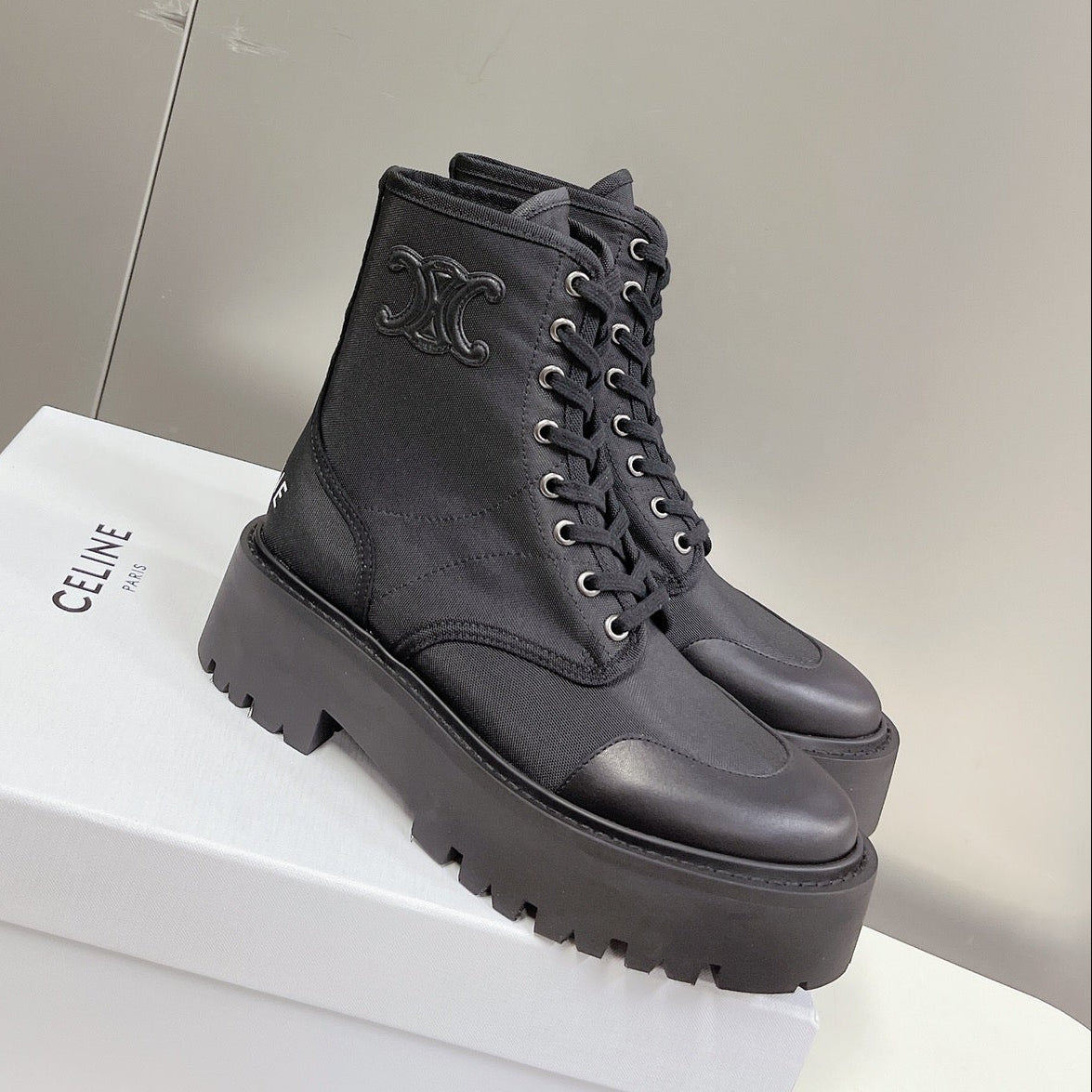 Celine 2026 Laced Up Boots 50mm Suede Canvas 948170