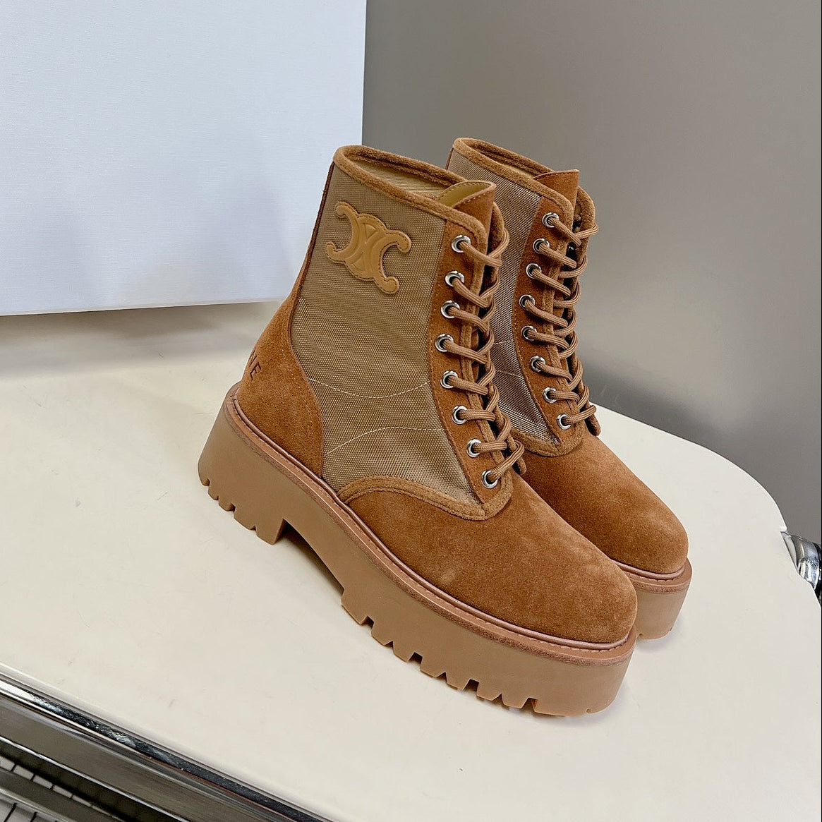 Celine 2026 Laced Up Boots 50mm Suede Canvas 948170