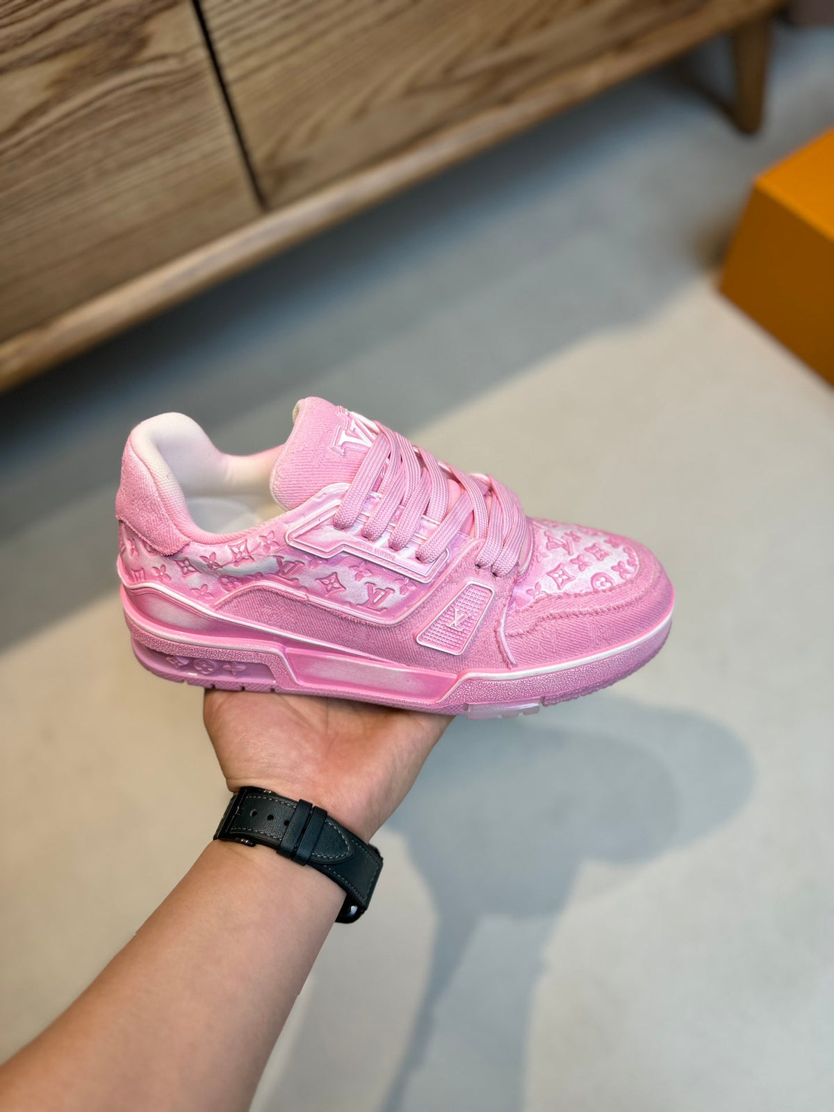 LV TRAINER MONOGRAM DENIM WHITE PINK SNEAKER