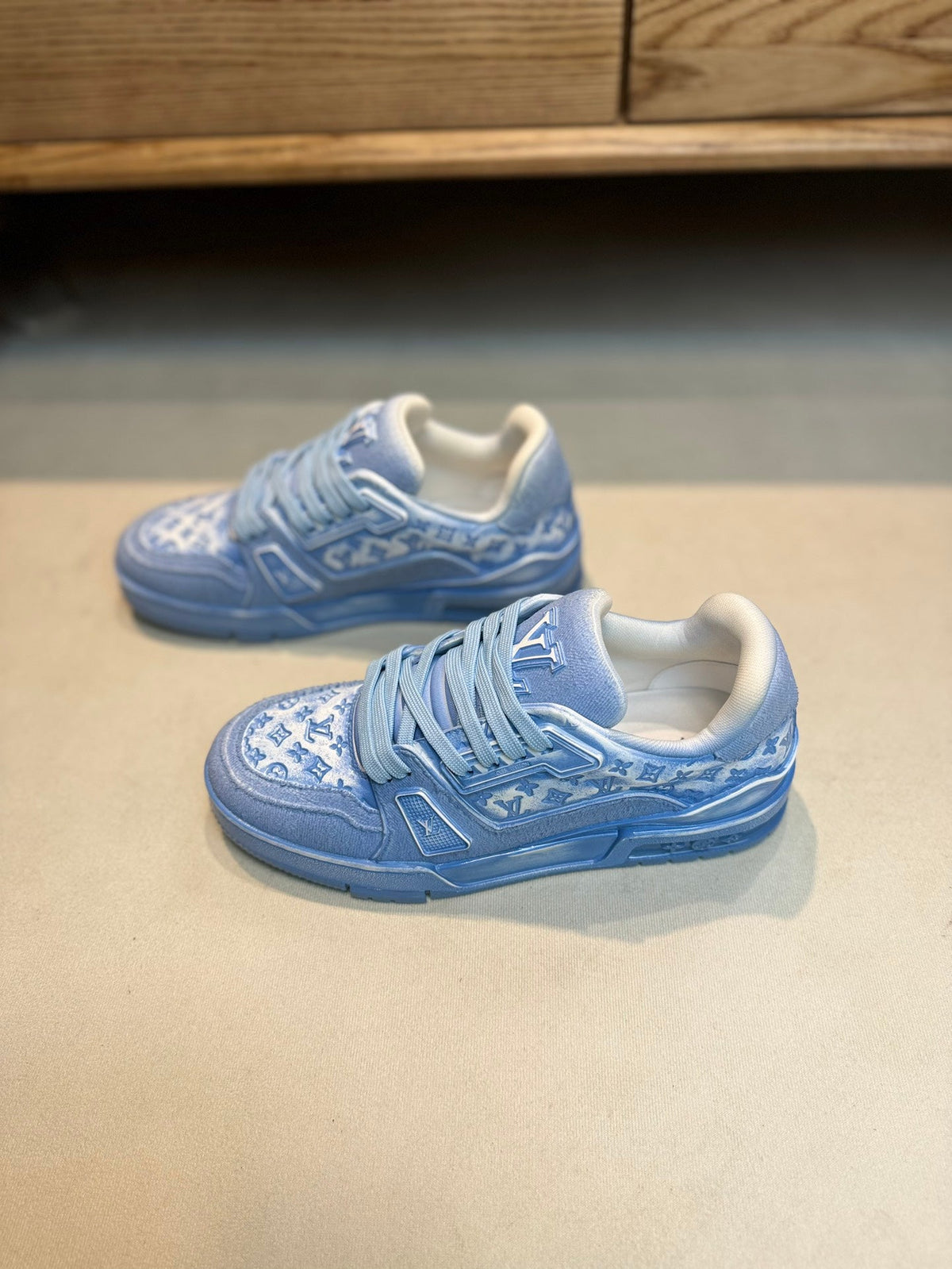 LV TRAINER MONOGRAM DENIM WHITE BLUE SNEAKER