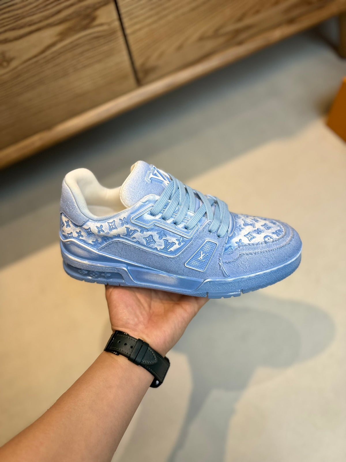 LV TRAINER MONOGRAM DENIM WHITE BLUE SNEAKER