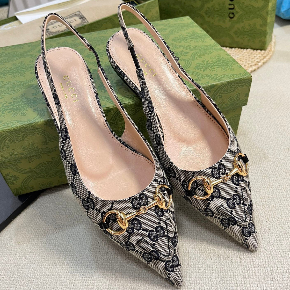 Gucci 2026 Slingback Pumps 10mm Monogram Horsebit Canvas Leather 767913