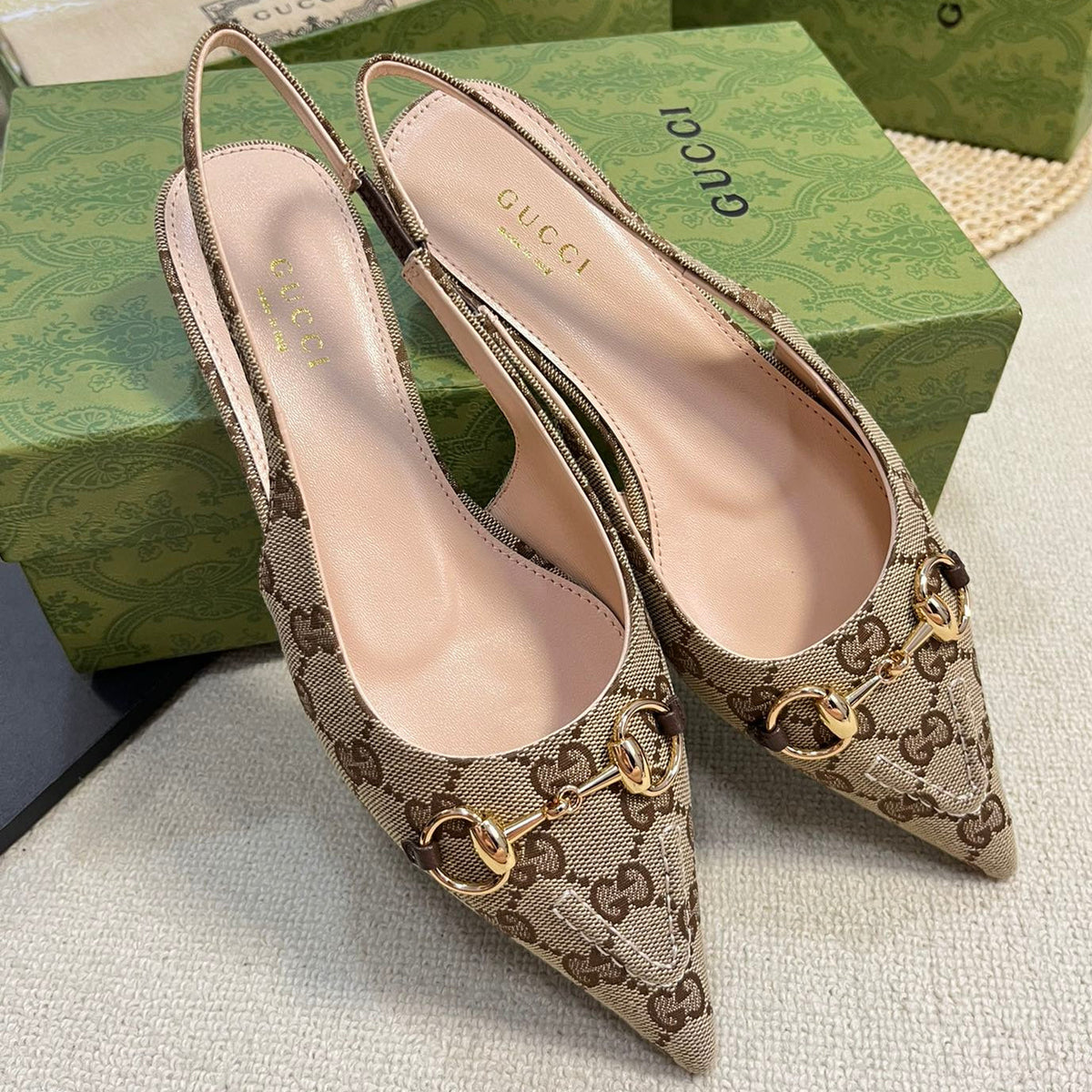 Gucci 2026 Slingback Pumps 10mm Monogram Horsebit Canvas Leather 767913