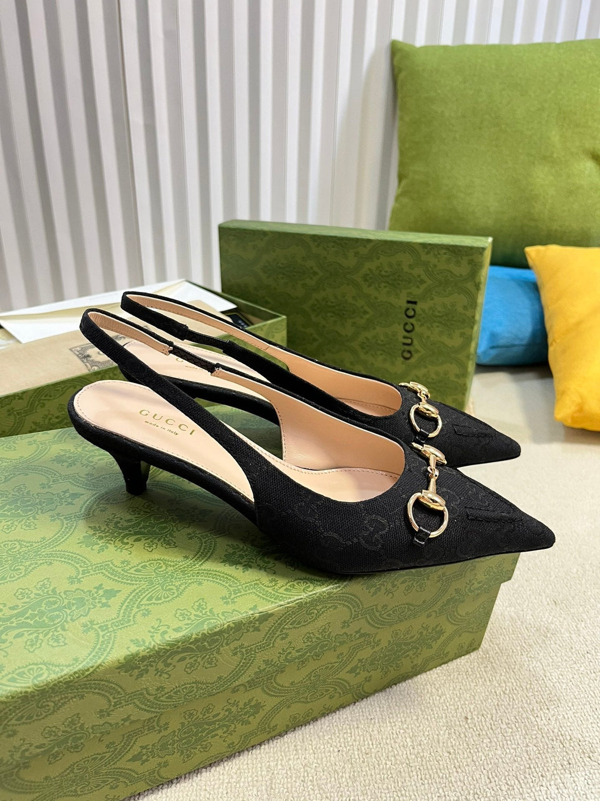 Gucci 2026 Slingback Pumps 50mm Monogram Horsebit Canvas Leather 767919
