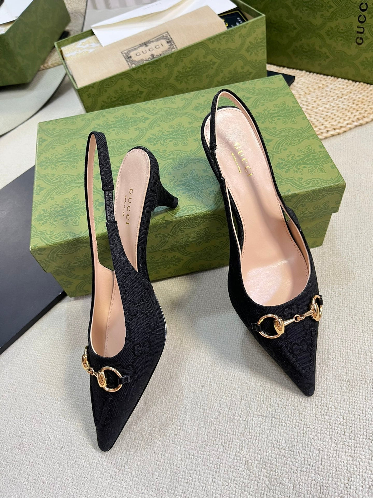 Gucci 2026 Slingback Pumps 50mm Monogram Horsebit Canvas Leather 767919