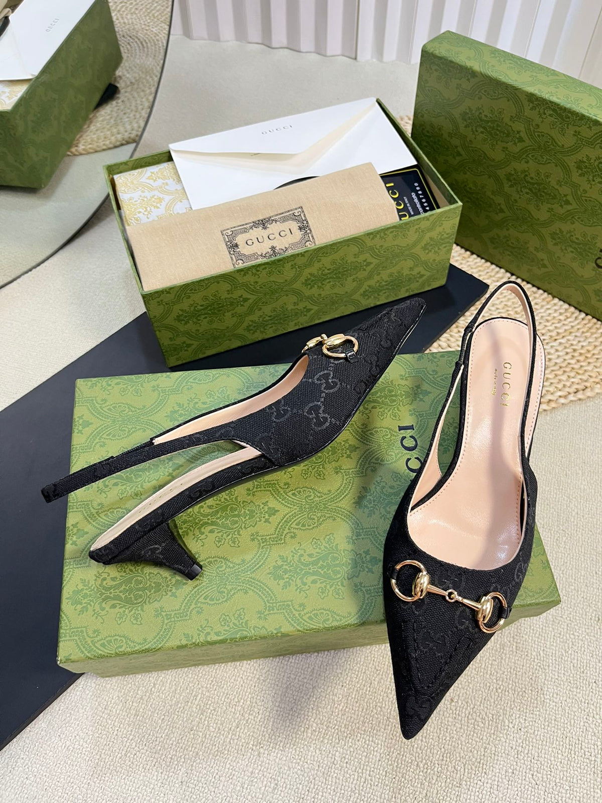 Gucci 2026 Slingback Pumps 50mm Monogram Horsebit Canvas Leather 767919