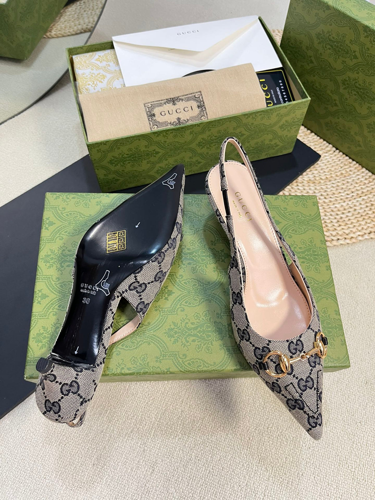 Gucci 2026 Slingback Pumps 50mm Monogram Horsebit Canvas Leather 767919