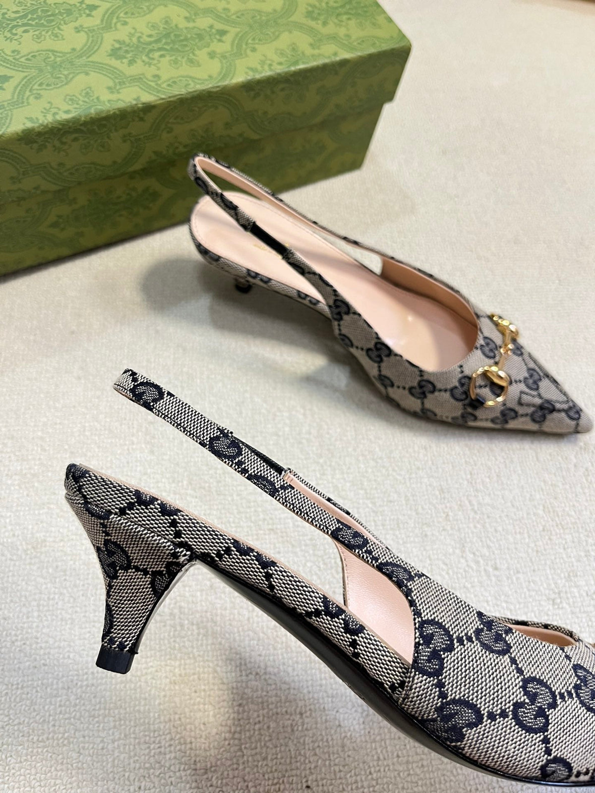 Gucci 2026 Slingback Pumps 50mm Monogram Horsebit Canvas Leather 767919