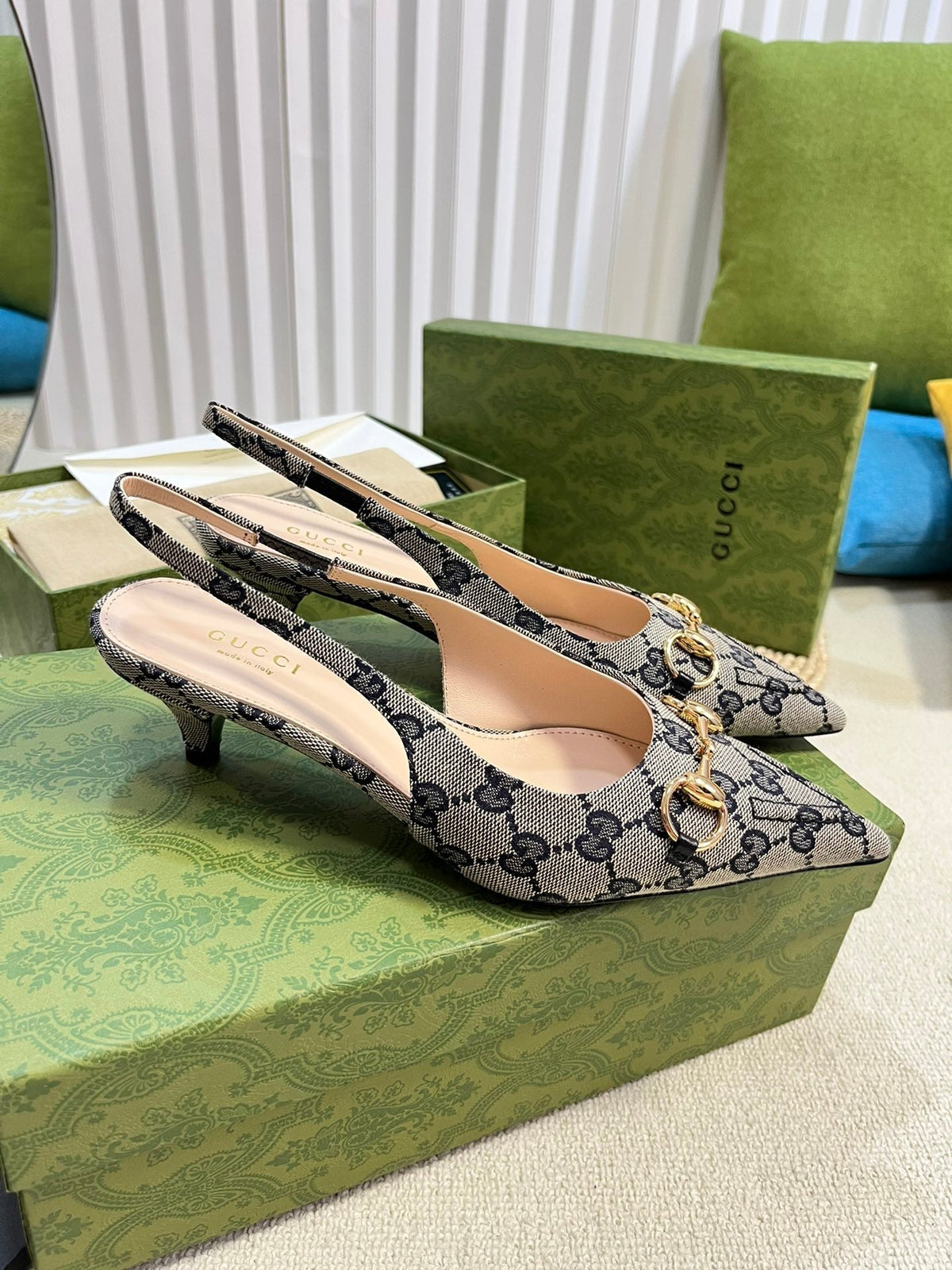 Gucci 2026 Slingback Pumps 50mm Monogram Horsebit Canvas Leather 767919