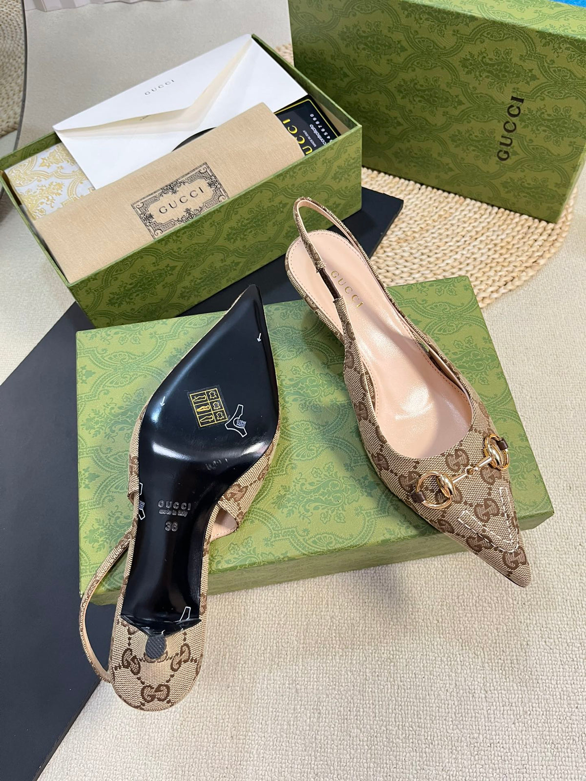 Gucci 2026 Slingback Pumps 50mm Monogram Horsebit Canvas Leather 767919