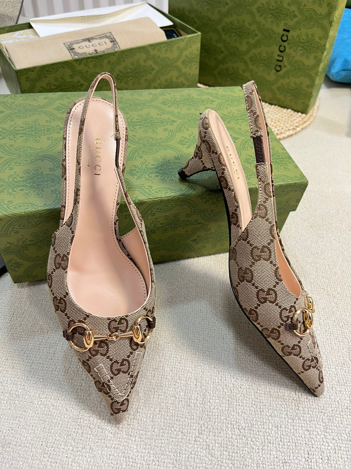 Gucci 2026 Slingback Pumps 50mm Monogram Horsebit Canvas Leather 767919