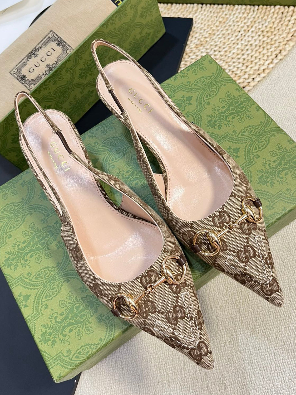 Gucci 2026 Slingback Pumps 50mm Monogram Horsebit Canvas Leather 767919