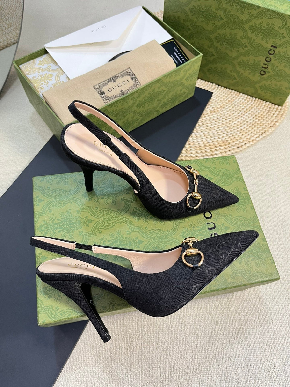 Gucci 2026 Slingback Pumps 100mm Monogram Horsebit Canvas Leather 767925