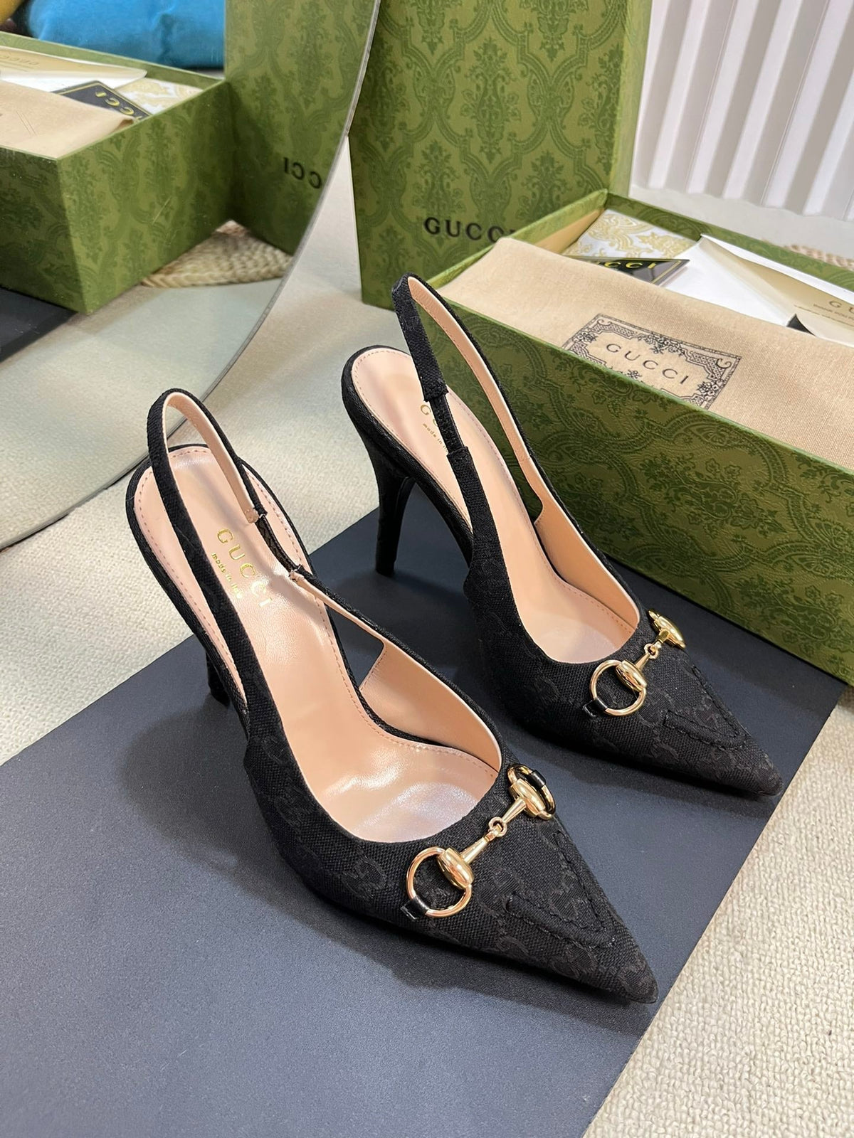 Gucci 2026 Slingback Pumps 100mm Monogram Horsebit Canvas Leather 767925
