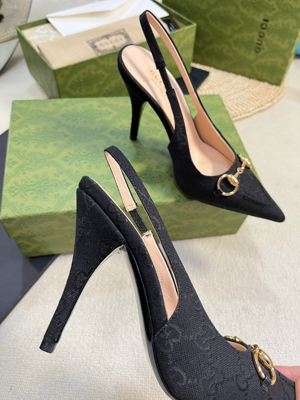 Gucci 2026 Slingback Pumps 100mm Monogram Horsebit Canvas Leather 767925