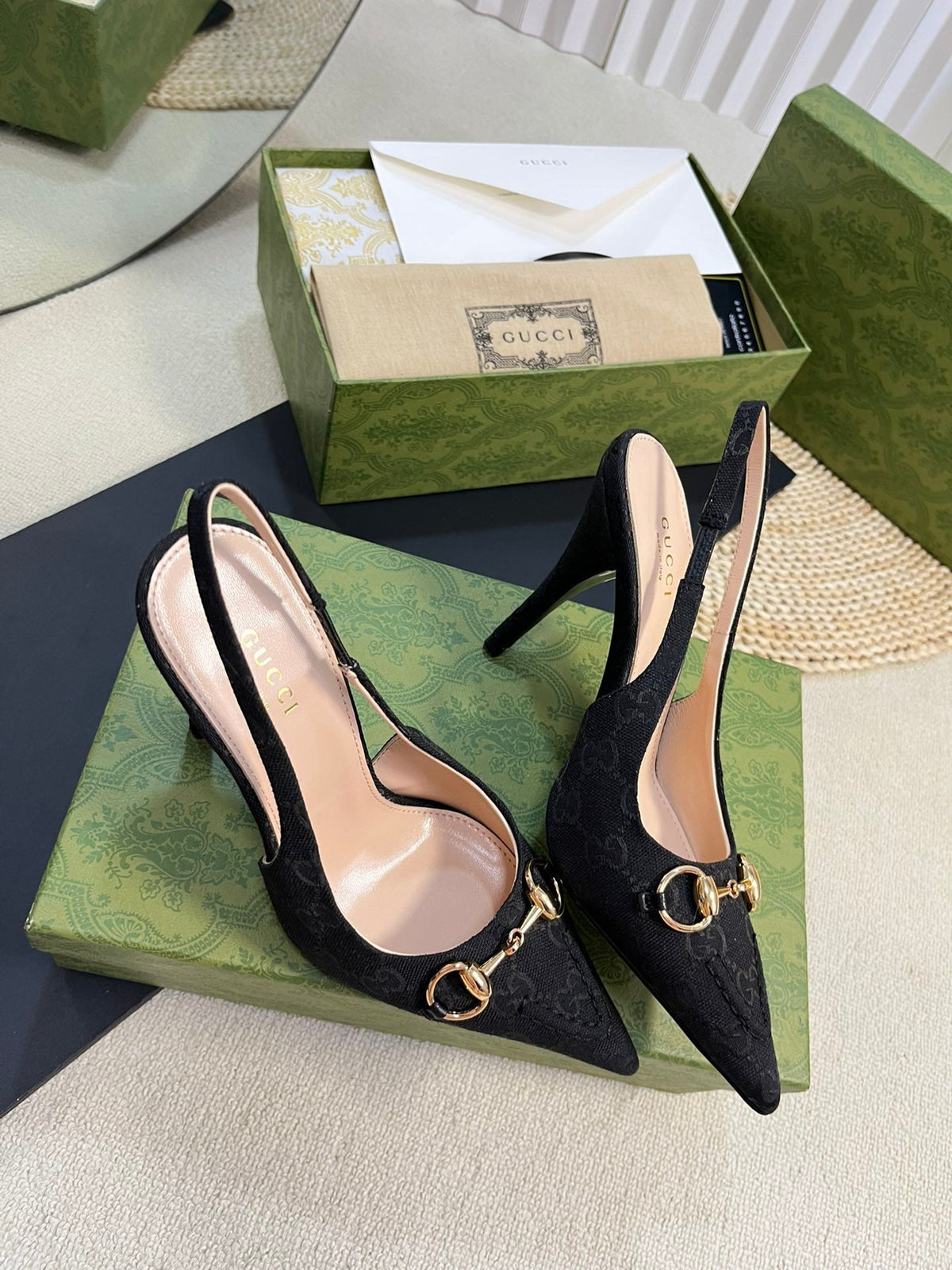 Gucci 2026 Slingback Pumps 100mm Monogram Horsebit Canvas Leather 767925