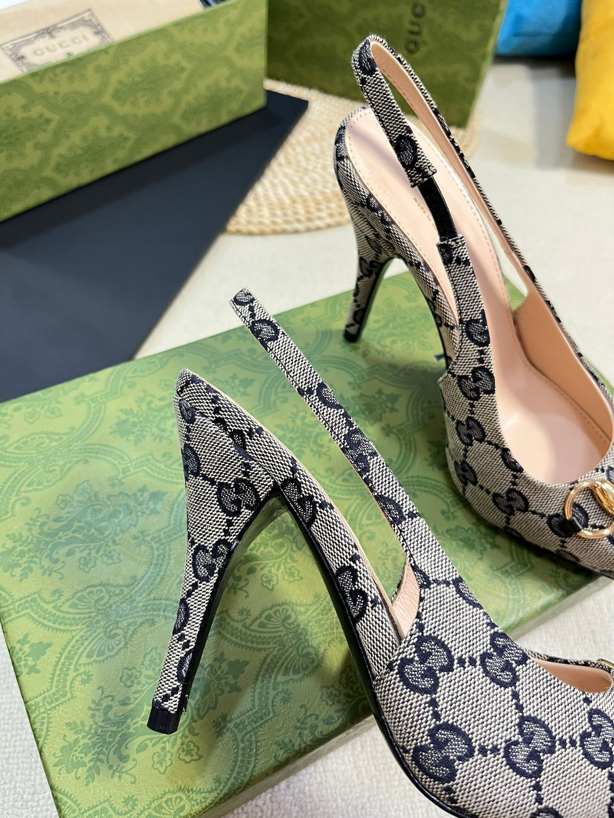 Gucci 2026 Slingback Pumps 100mm Monogram Horsebit Canvas Leather 767925