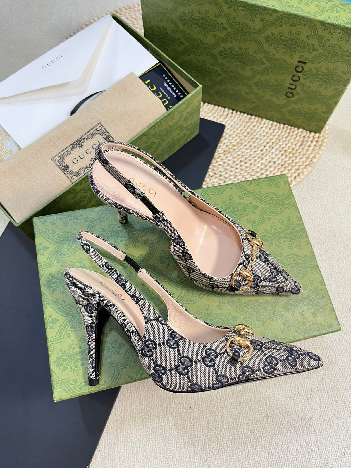 Gucci 2026 Slingback Pumps 100mm Monogram Horsebit Canvas Leather 767925