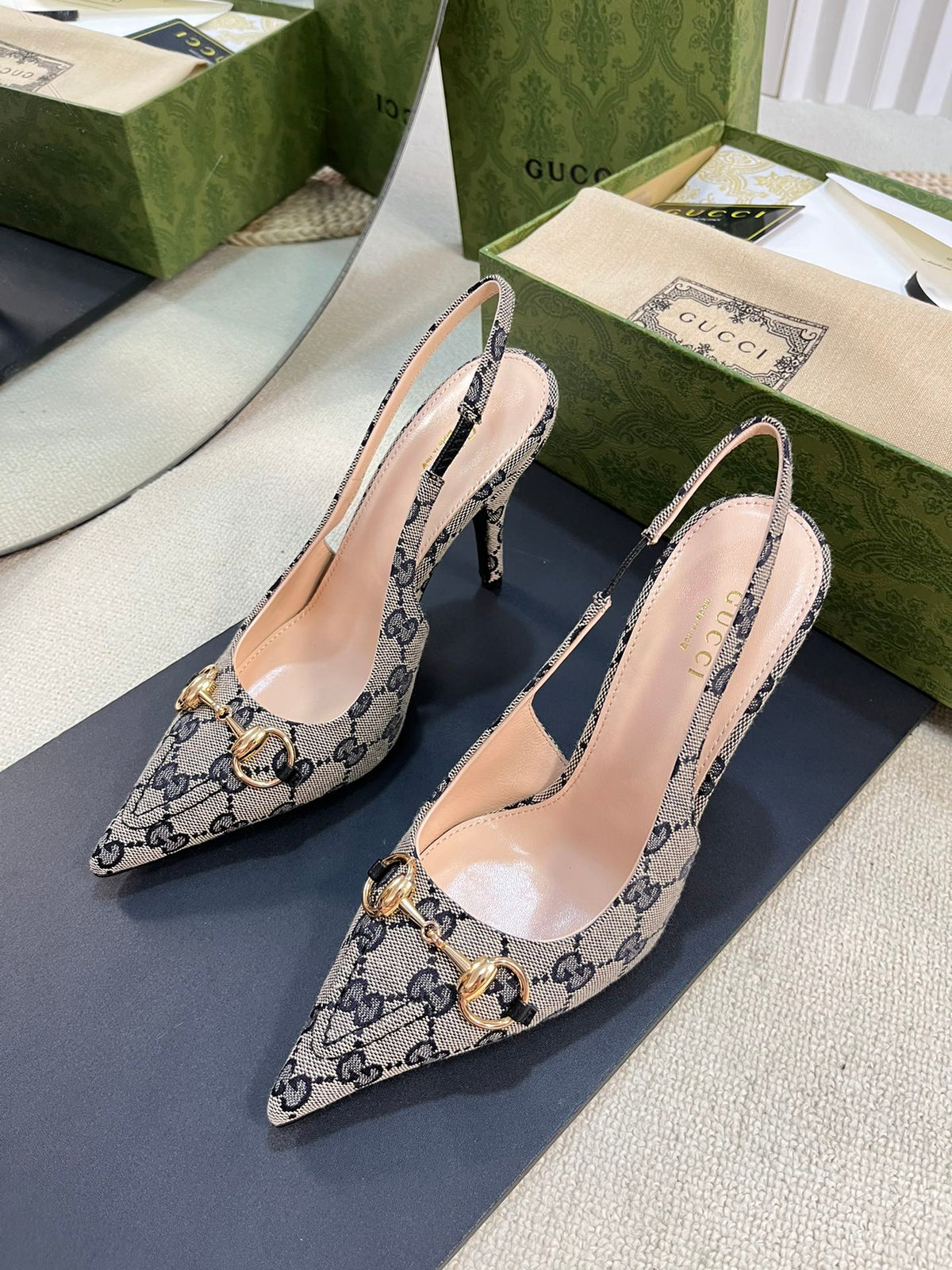 Gucci 2026 Slingback Pumps 100mm Monogram Horsebit Canvas Leather 767925