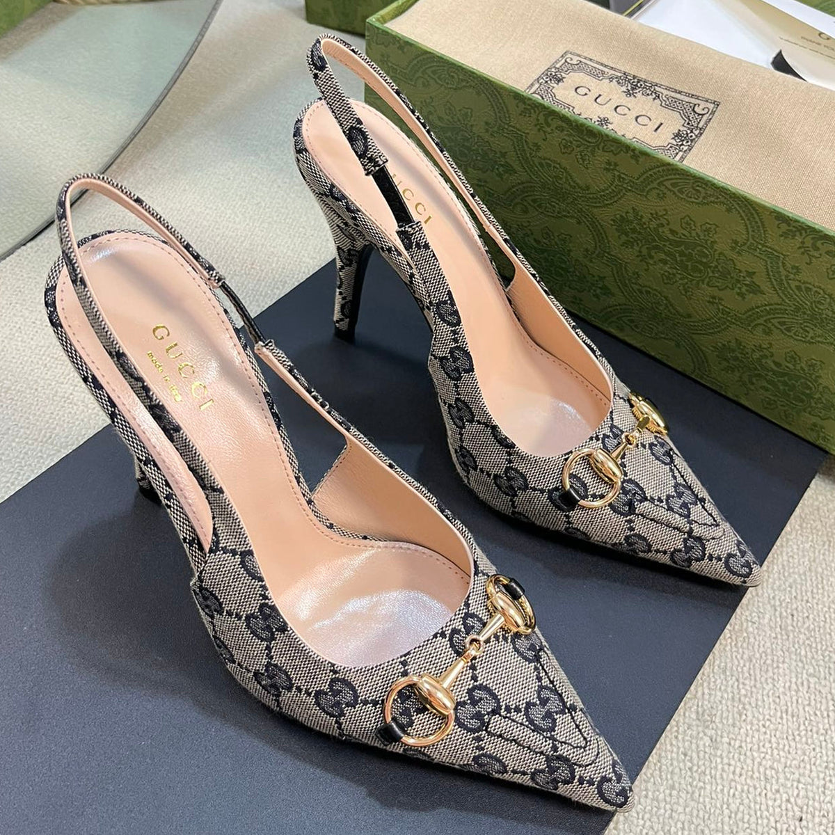 Gucci 2026 Slingback Pumps 100mm Monogram Horsebit Canvas Leather 767925