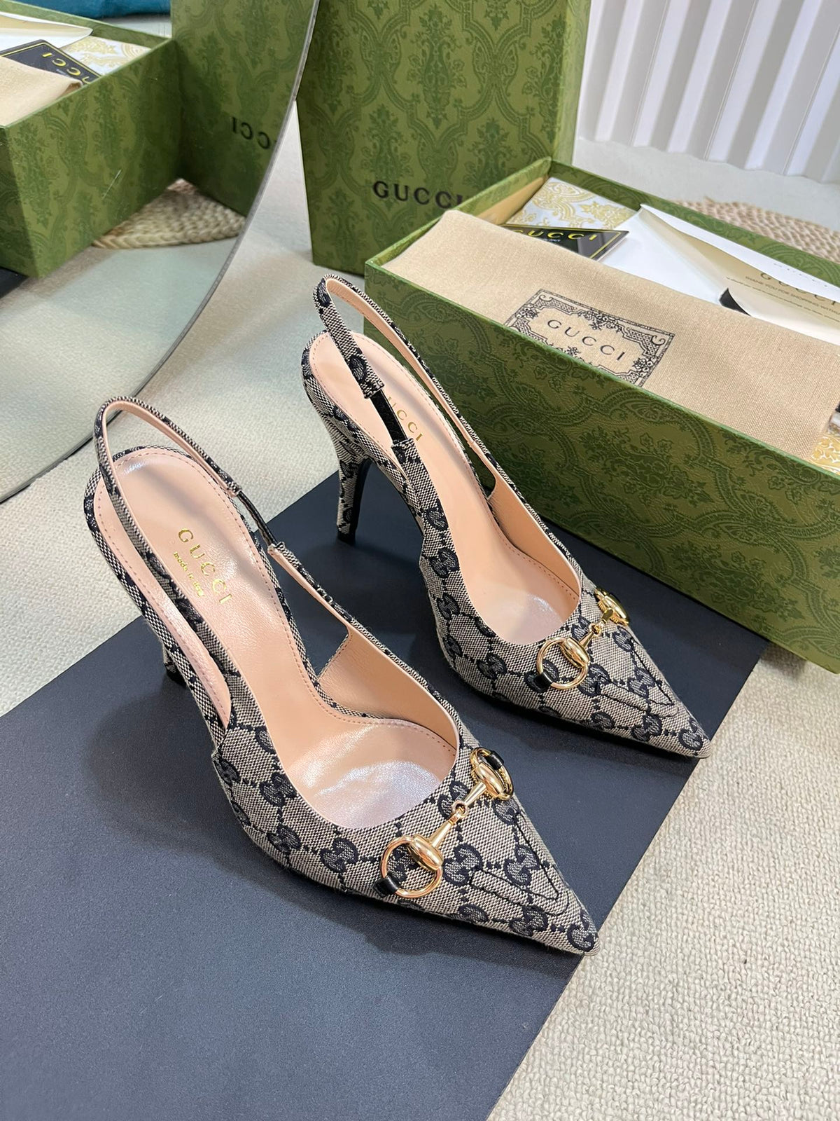 Gucci 2026 Slingback Pumps 100mm Monogram Horsebit Canvas Leather 767925