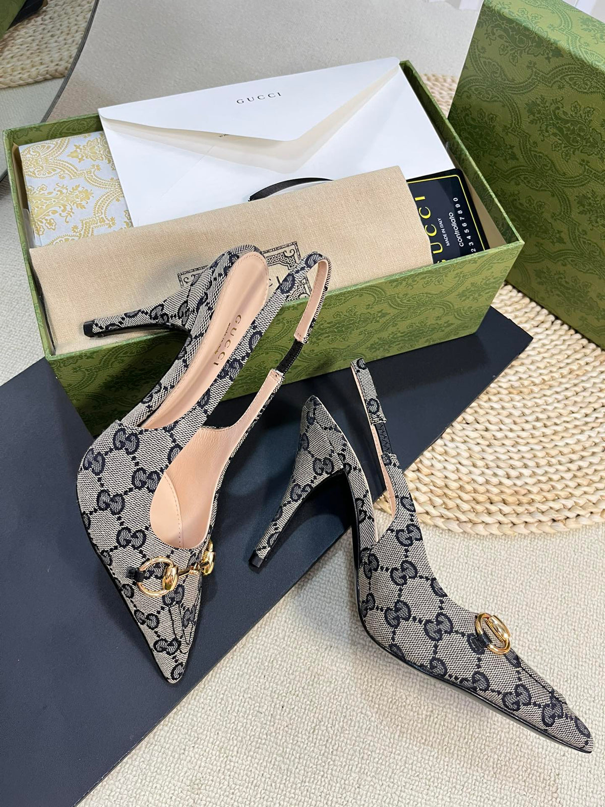 Gucci 2026 Slingback Pumps 100mm Monogram Horsebit Canvas Leather 767925