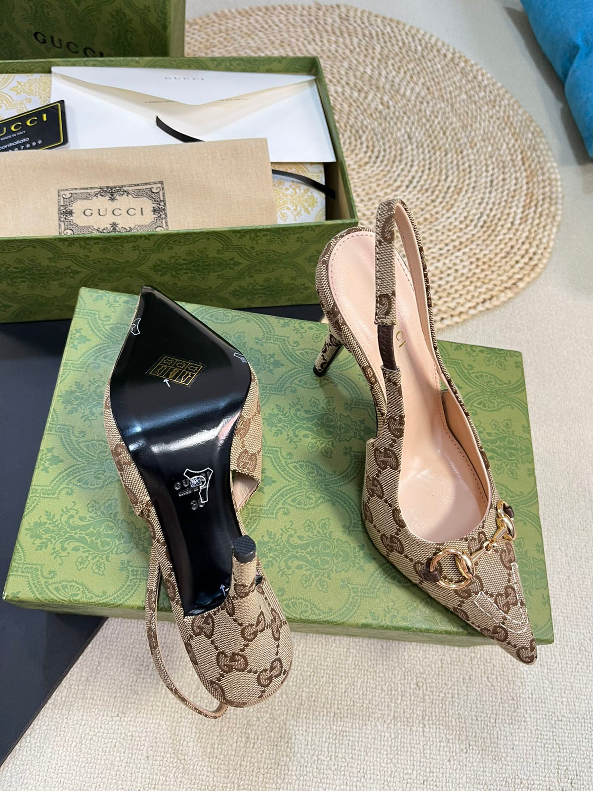 Gucci 2026 Slingback Pumps 100mm Monogram Horsebit Canvas Leather 767925