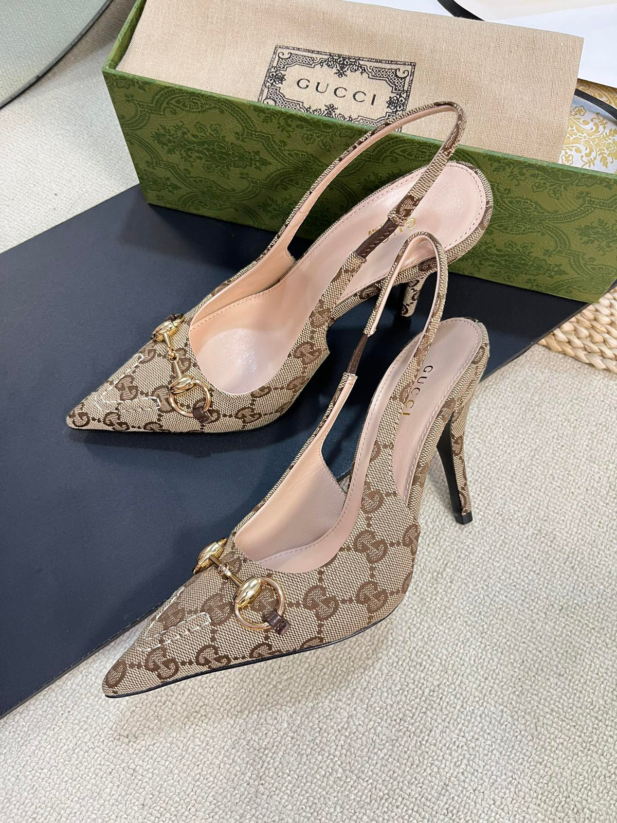 Gucci 2026 Slingback Pumps 100mm Monogram Horsebit Canvas Leather 767925