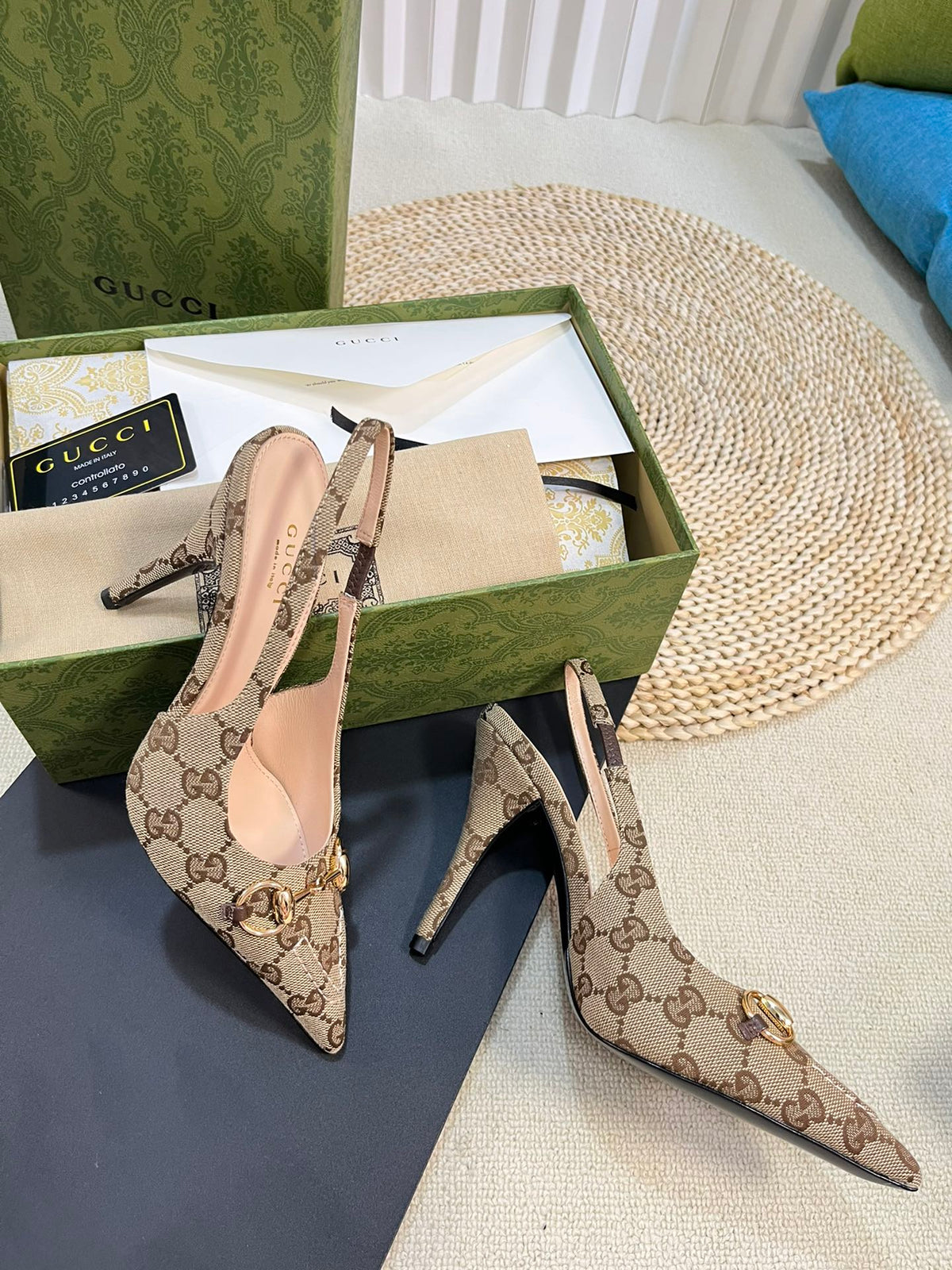 Gucci 2026 Slingback Pumps 100mm Monogram Horsebit Canvas Leather 767925