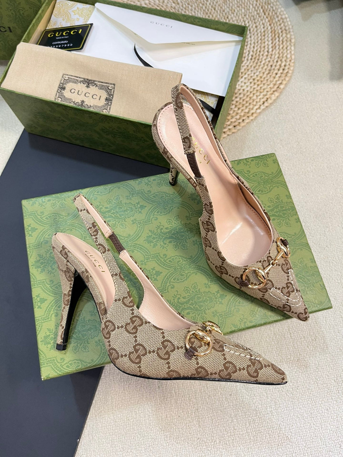 Gucci 2026 Slingback Pumps 100mm Monogram Horsebit Canvas Leather 767925