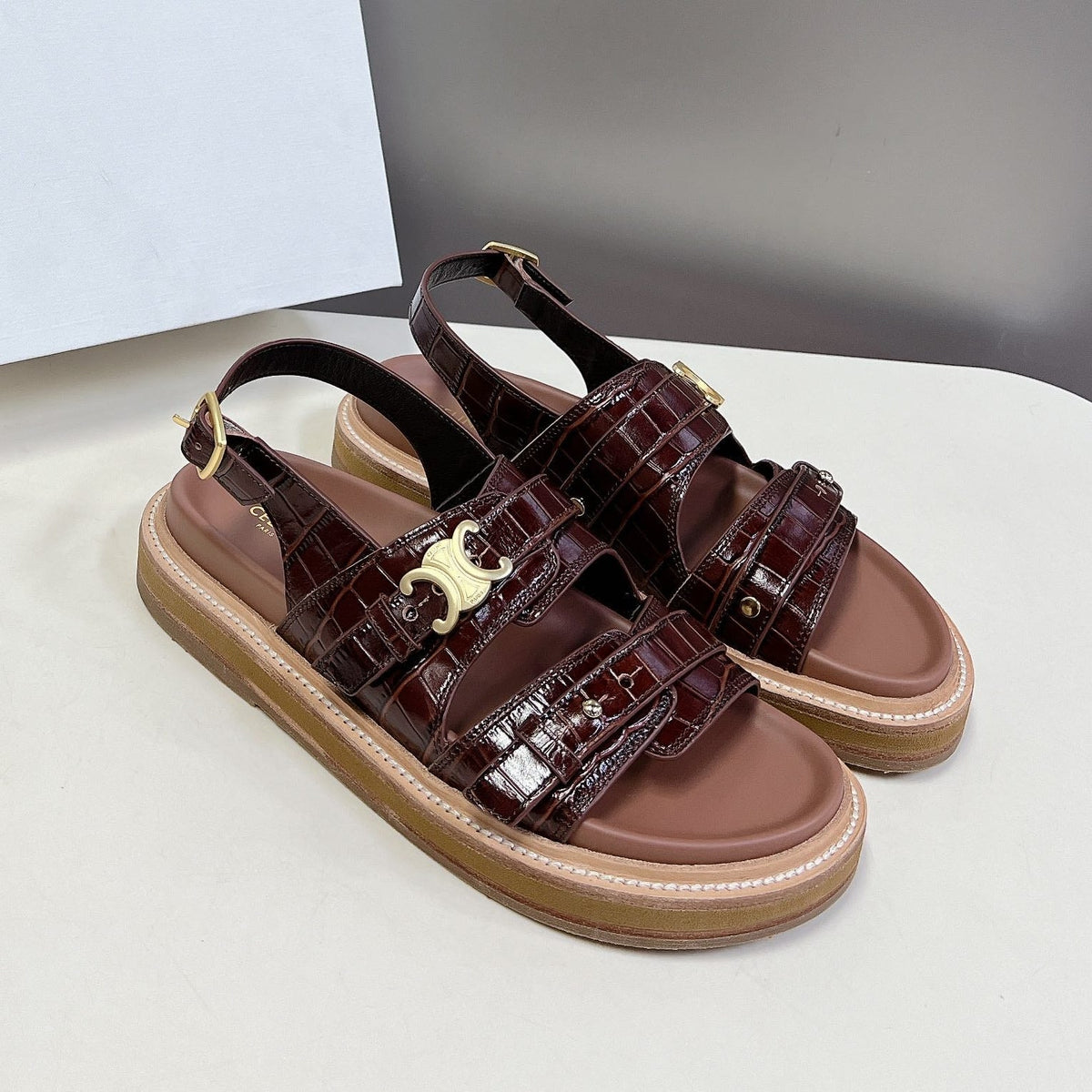 Celine 2026 Tippi Triomphe Sandals Embossed Calfskin 773309