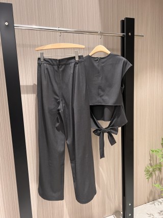 Prada Bow Tie T-shirt and Trouser Set Brown and Gray Wool Polyester