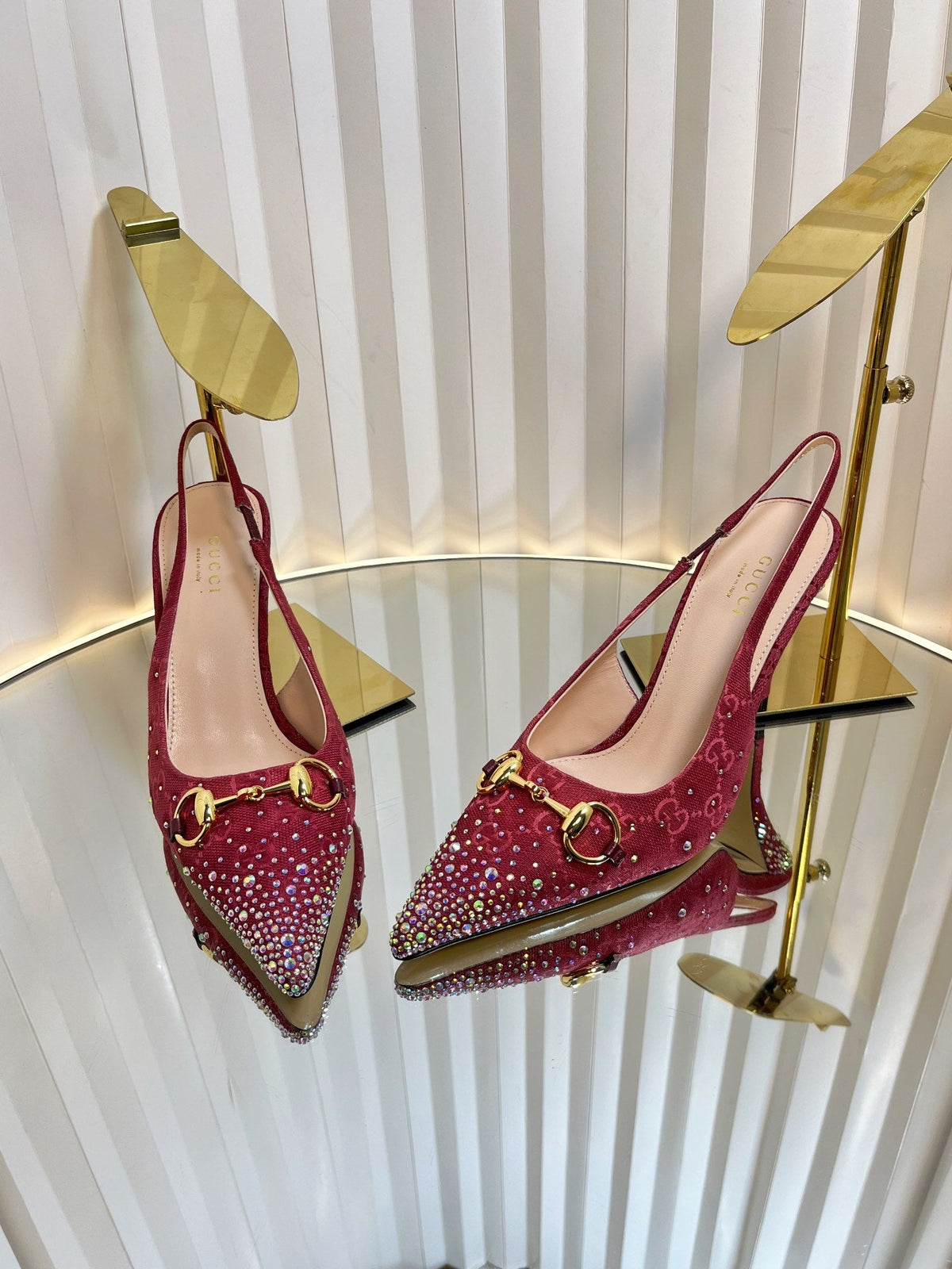 Gucci 2026 Slingback Pumps In Rosso Ancora 100mm Crystal Canvas 767985