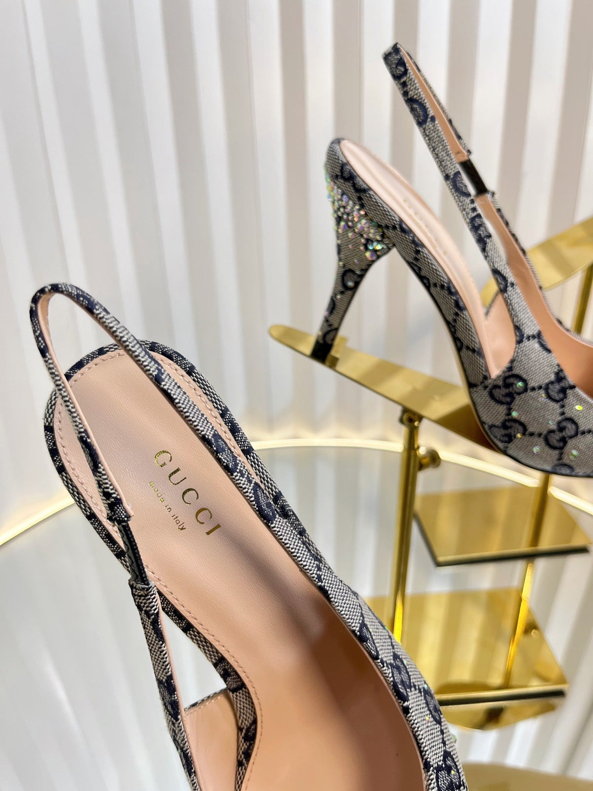 Gucci 2026 Slingback Pumps In Rosso Ancora 100mm Crystal Canvas 767985
