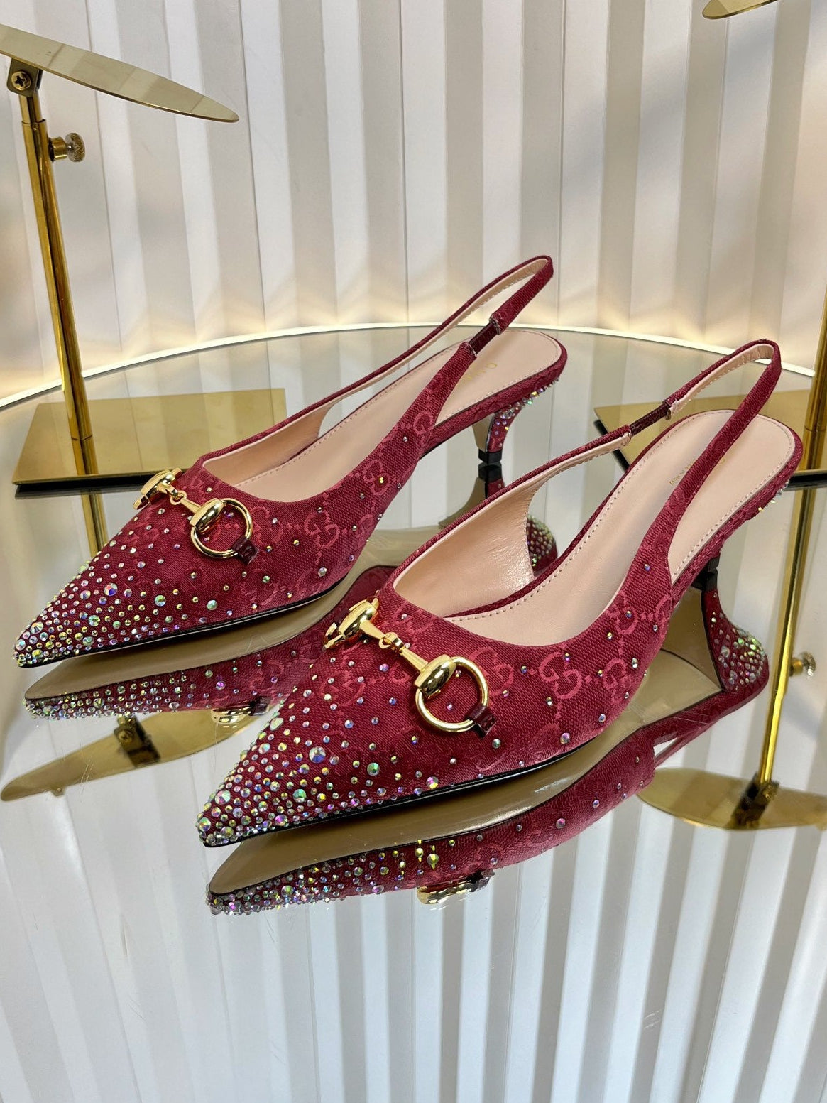 Gucci 2026 Slingback Pumps In Rosso Ancora 50mm Crystal Canvas 767982