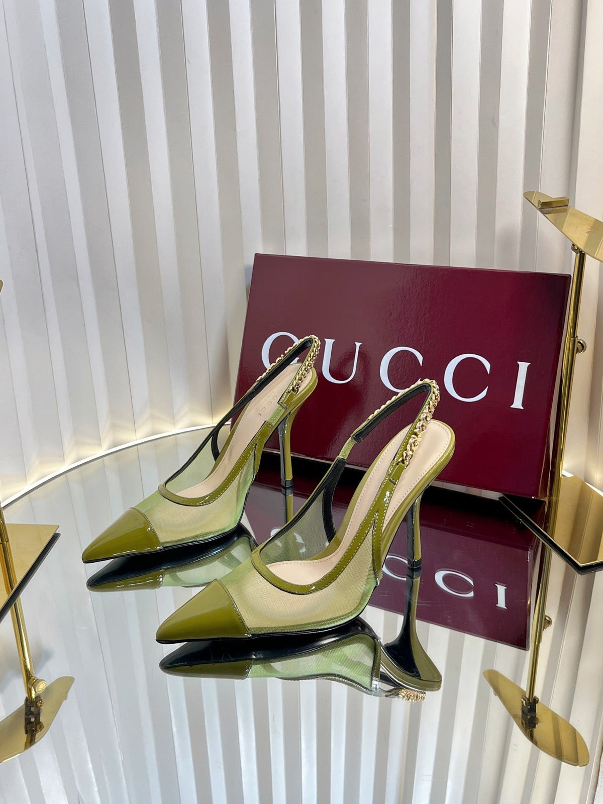 Gucci 2026 Signoria Slingback Pumps 100mm Chain Detail Mesh Leather 767973