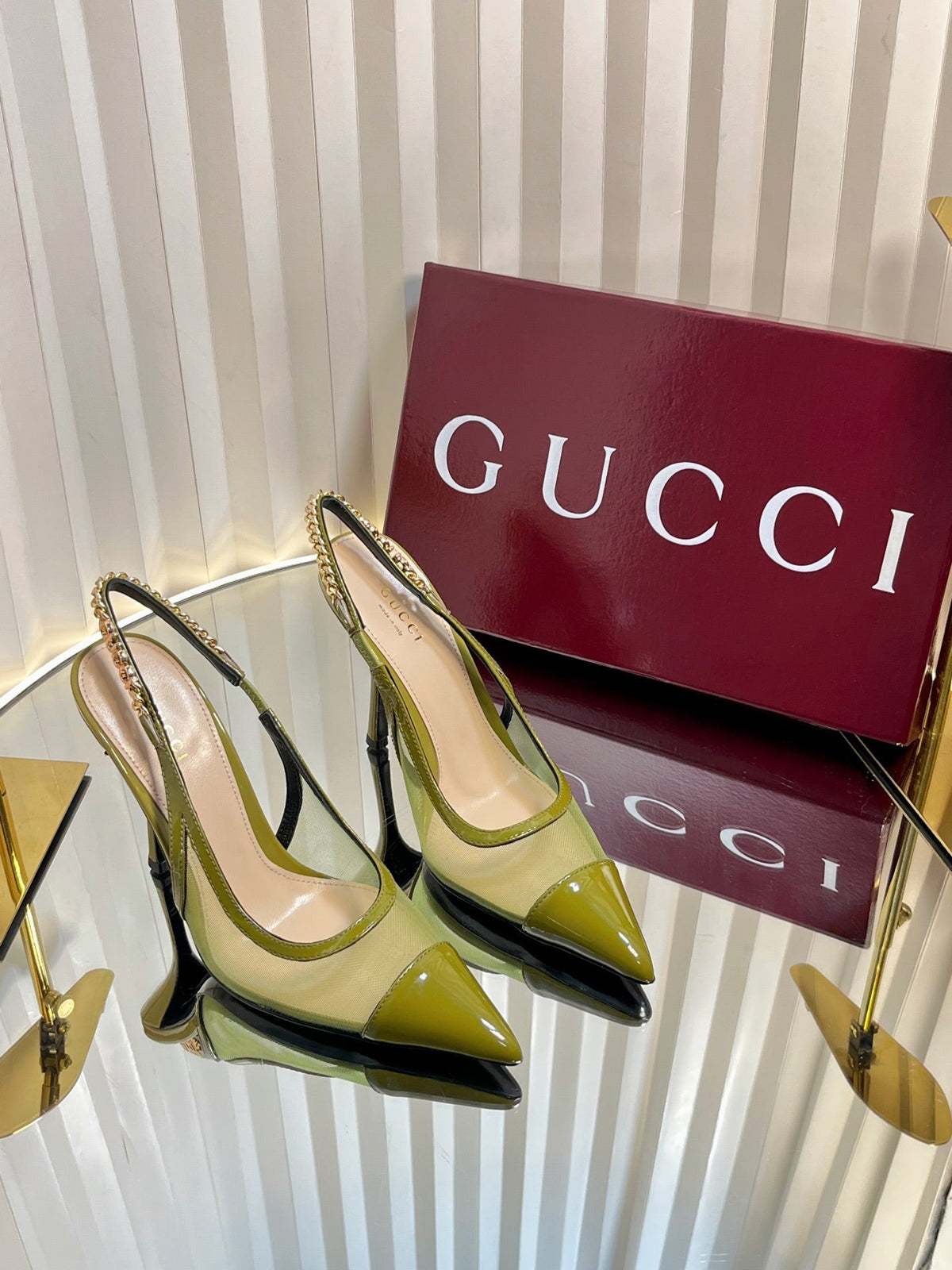 Gucci 2026 Signoria Slingback Pumps 100mm Chain Detail Mesh Leather 767973