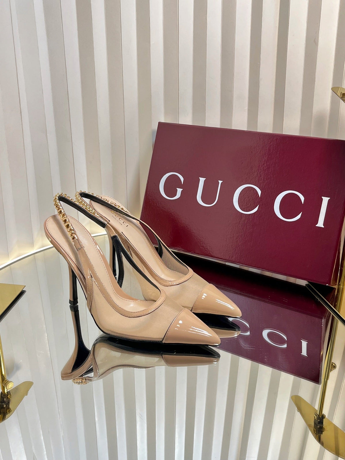 Gucci 2026 Signoria Slingback Pumps 100mm Chain Detail Mesh Leather 767973