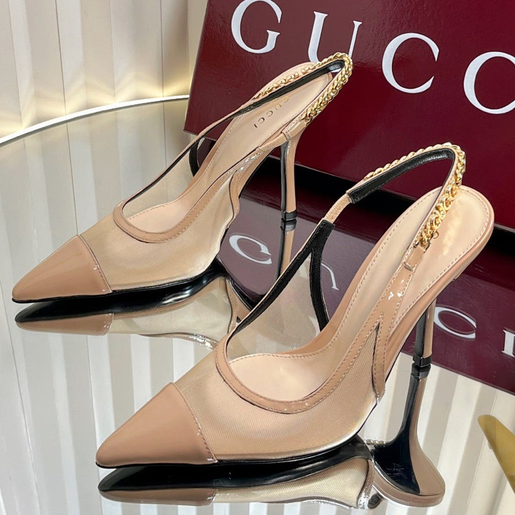 Gucci 2026 Signoria Slingback Pumps 100mm Chain Detail Mesh Leather 767973
