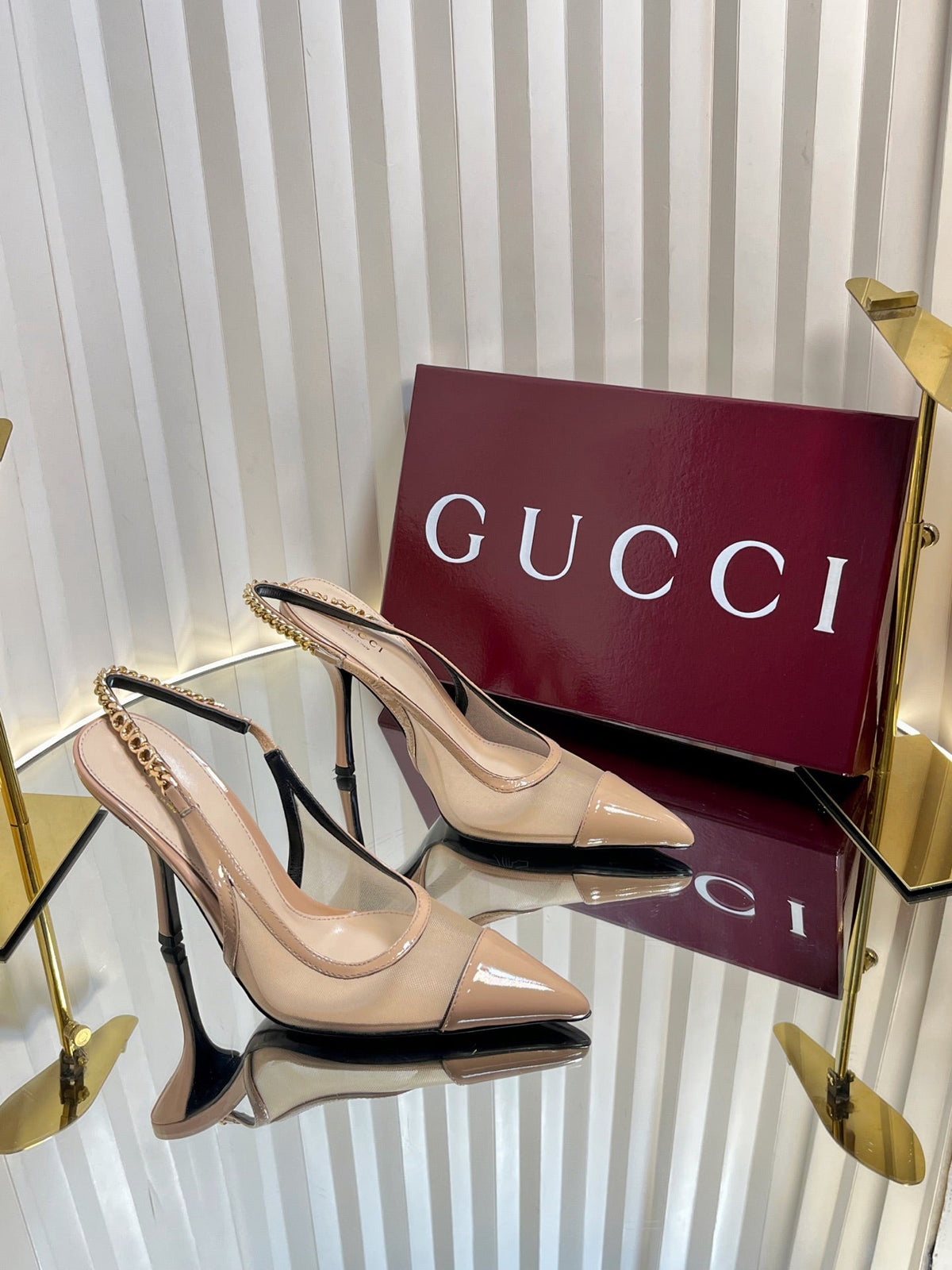 Gucci 2026 Signoria Slingback Pumps 100mm Chain Detail Mesh Leather 767973