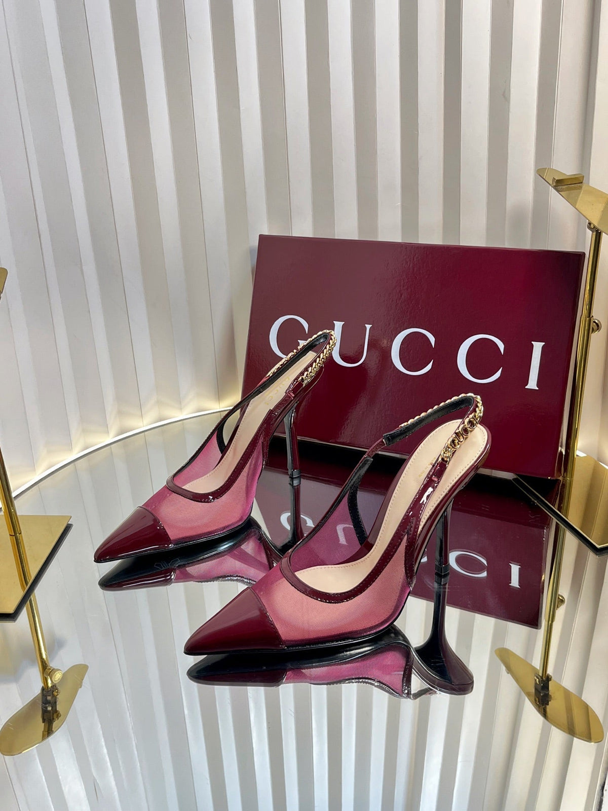 Gucci 2026 Signoria Slingback Pumps 100mm Chain Detail Mesh Leather 767973