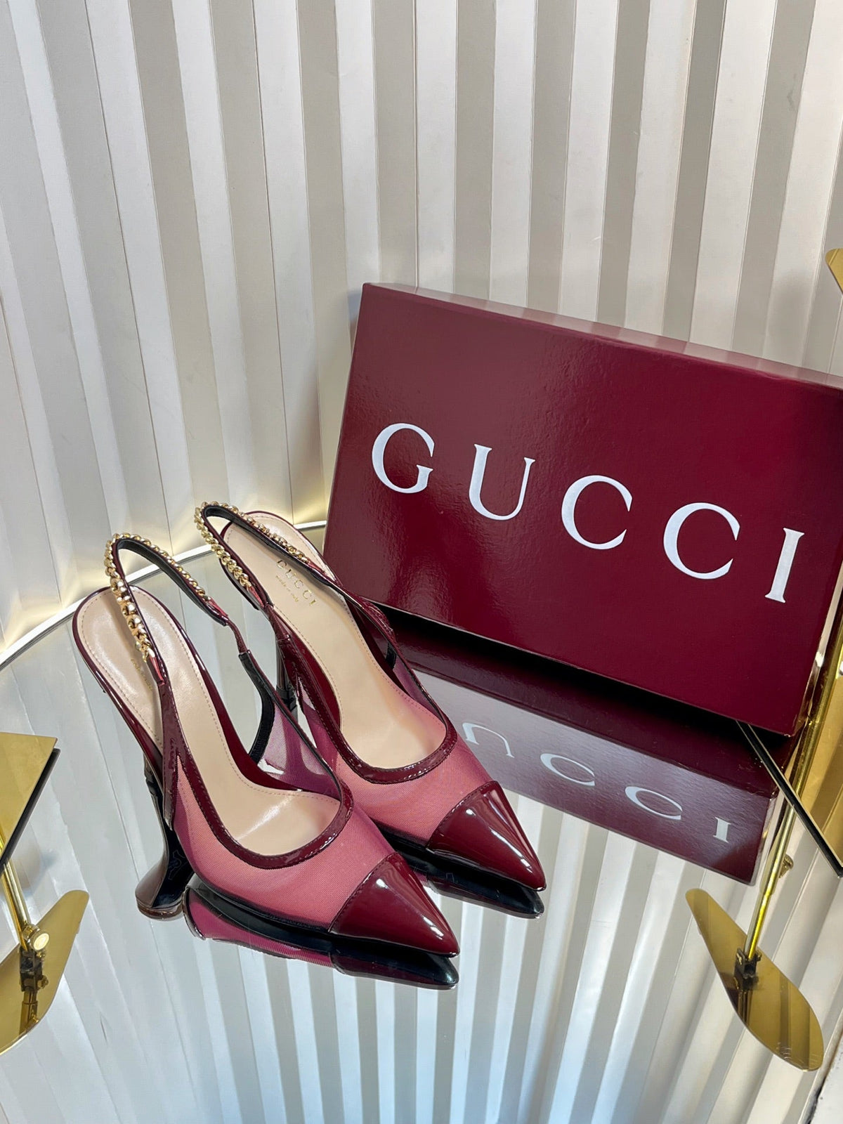 Gucci 2026 Signoria Slingback Pumps 100mm Chain Detail Mesh Leather 767973