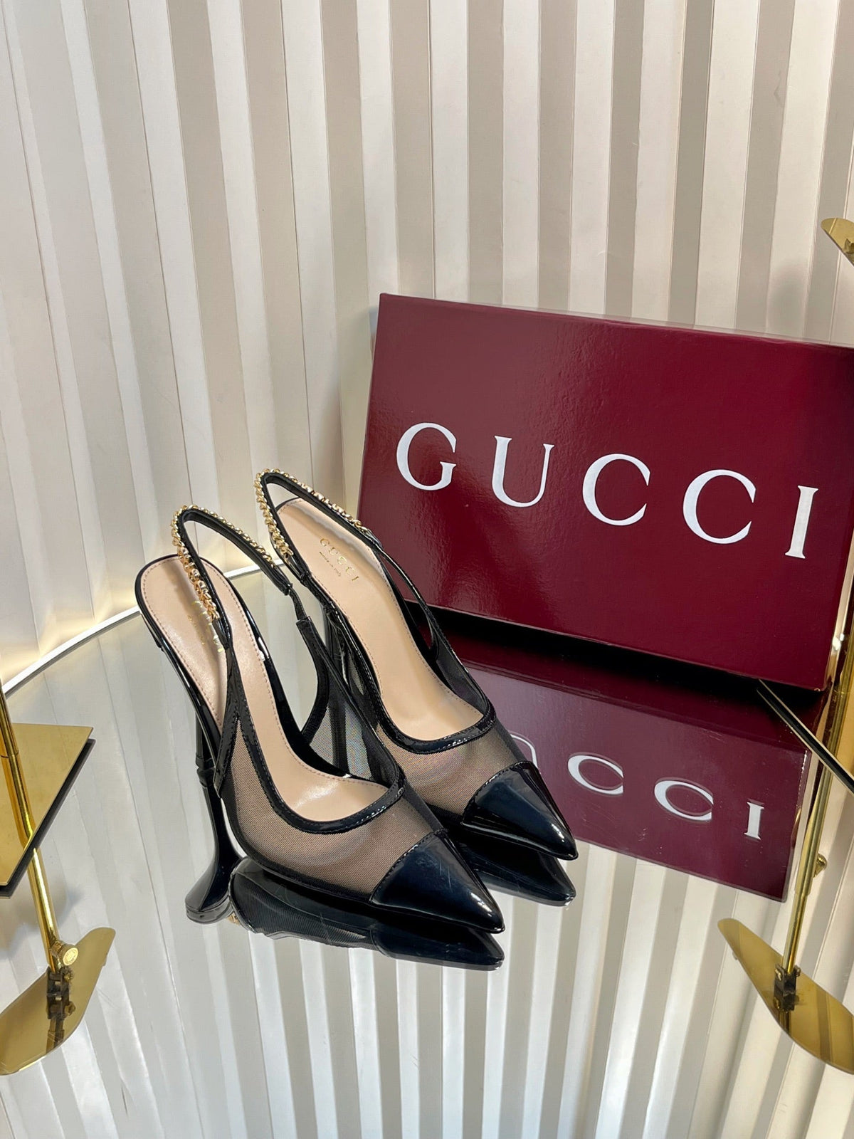 Gucci 2026 Signoria Slingback Pumps 100mm Chain Detail Mesh Leather 767973
