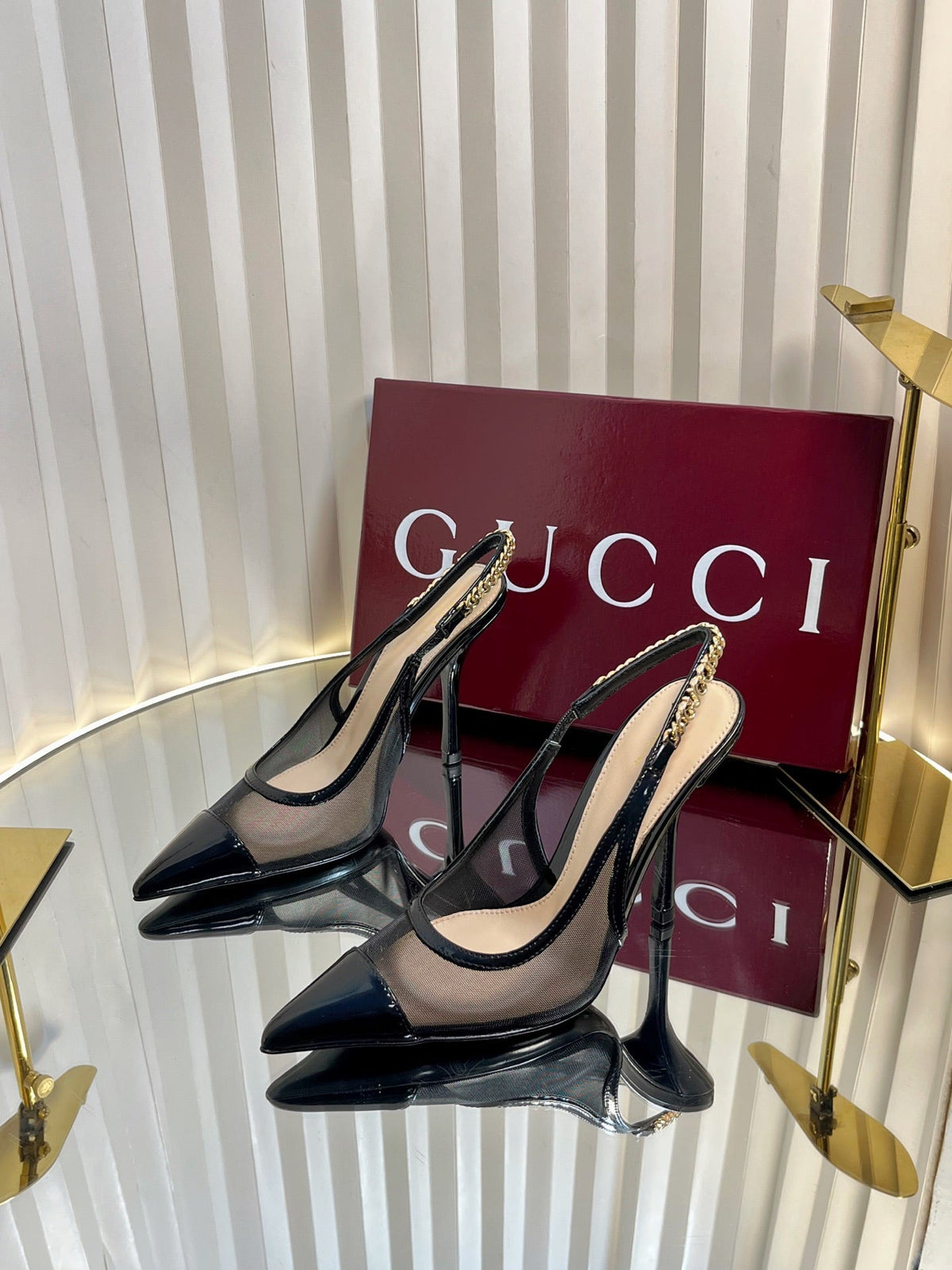 Gucci 2026 Signoria Slingback Pumps 100mm Chain Detail Mesh Leather 767973