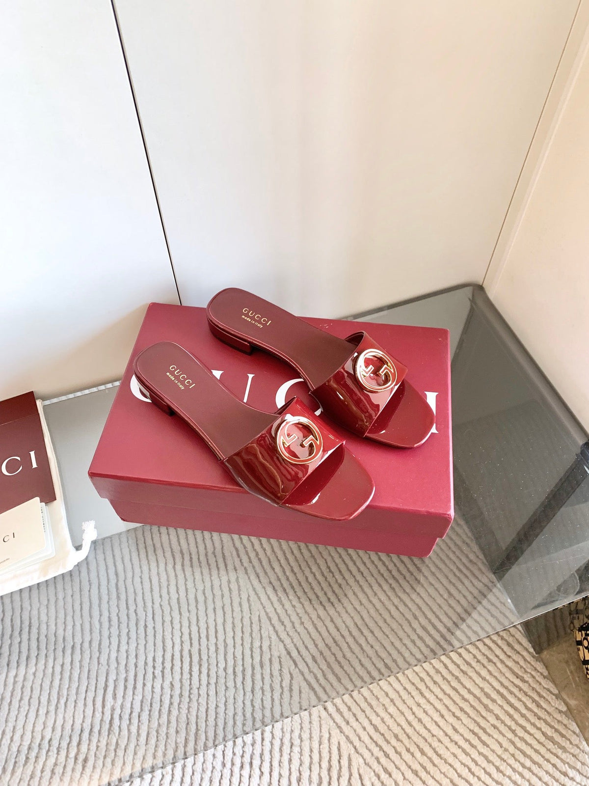 Gucci 2026 Double G Rhinestone Buckle Flat Slippers Leather 765958