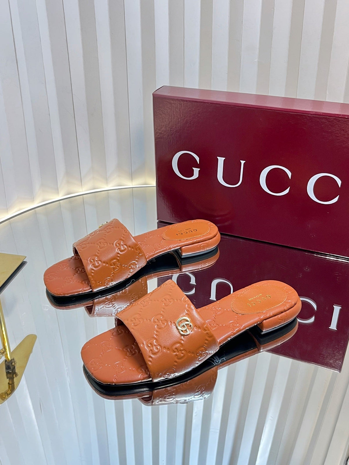 Gucci 2026 Flat Slide Sandals Embossed GG Monogram Leather 768074