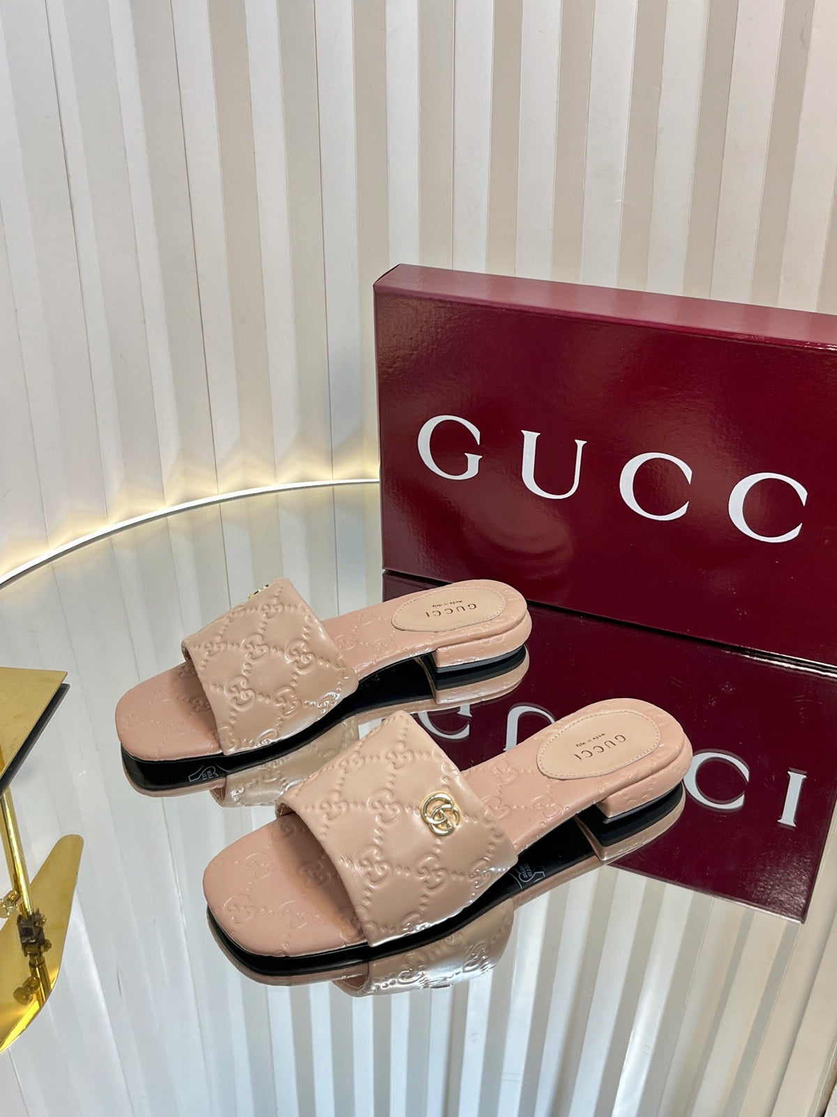 Gucci 2026 Flat Slide Sandals Embossed GG Monogram Leather 768074