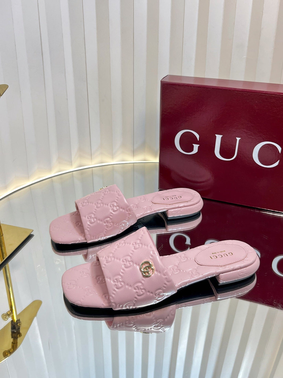 Gucci 2026 Flat Slide Sandals Embossed GG Monogram Leather 768074