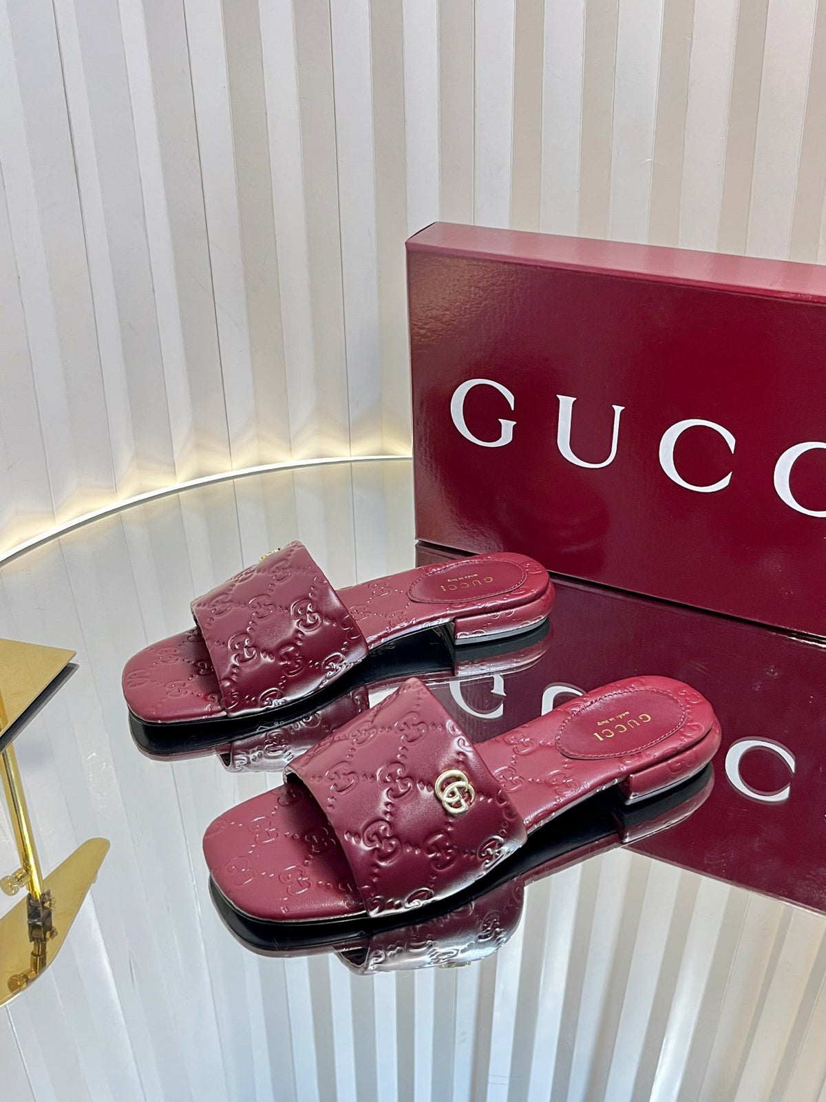 Gucci 2026 Flat Slide Sandals Embossed GG Monogram Leather 768074