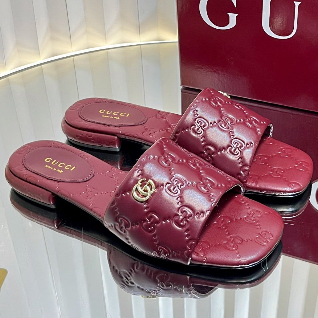 Gucci 2026 Flat Slide Sandals Embossed GG Monogram Leather 768074